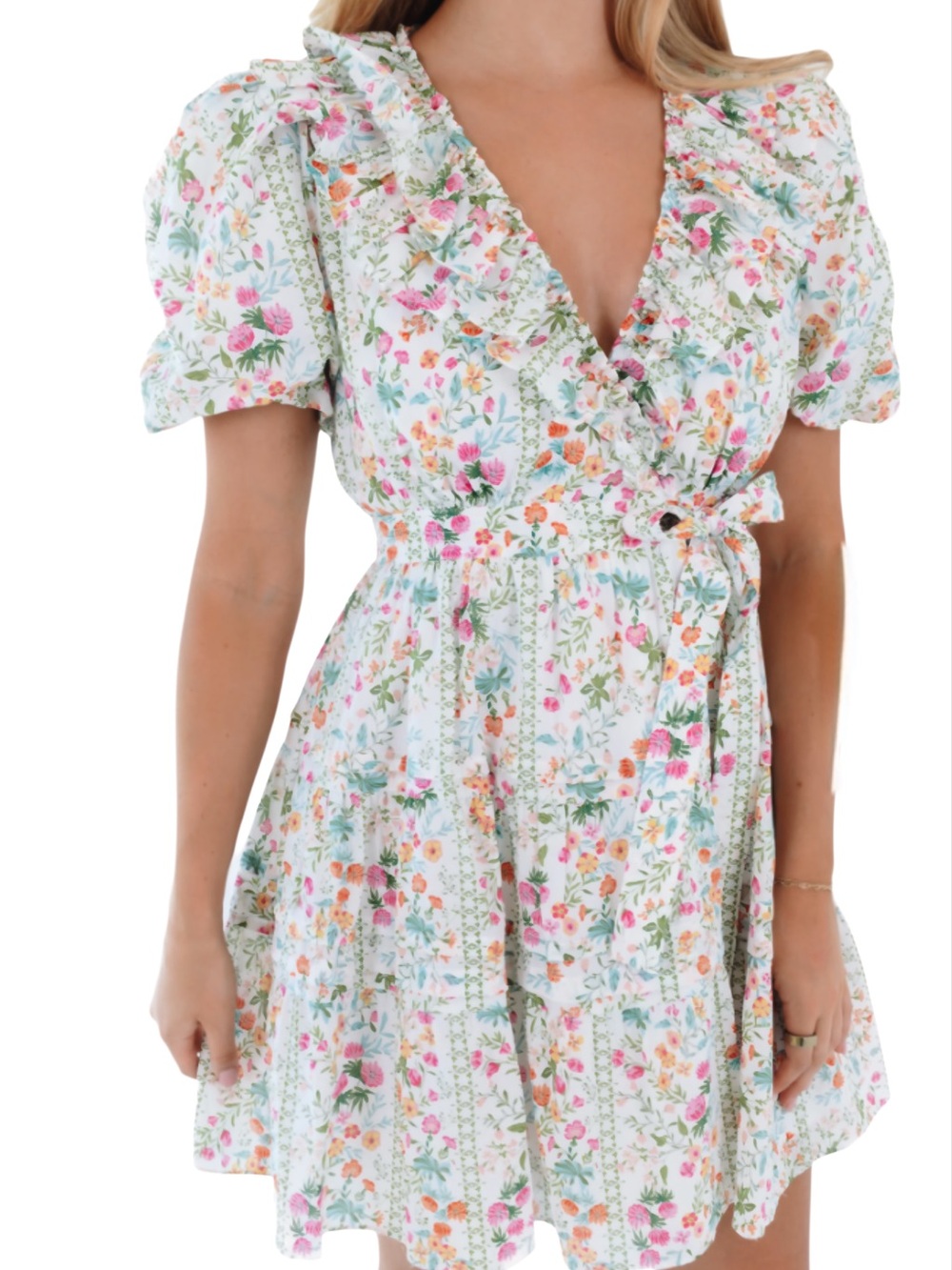J.Marie Nora Ruffle Wrap Dress Large Floral Puff Sleeve Cotton NWT